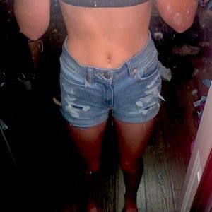 high rise midi blue jean shorts